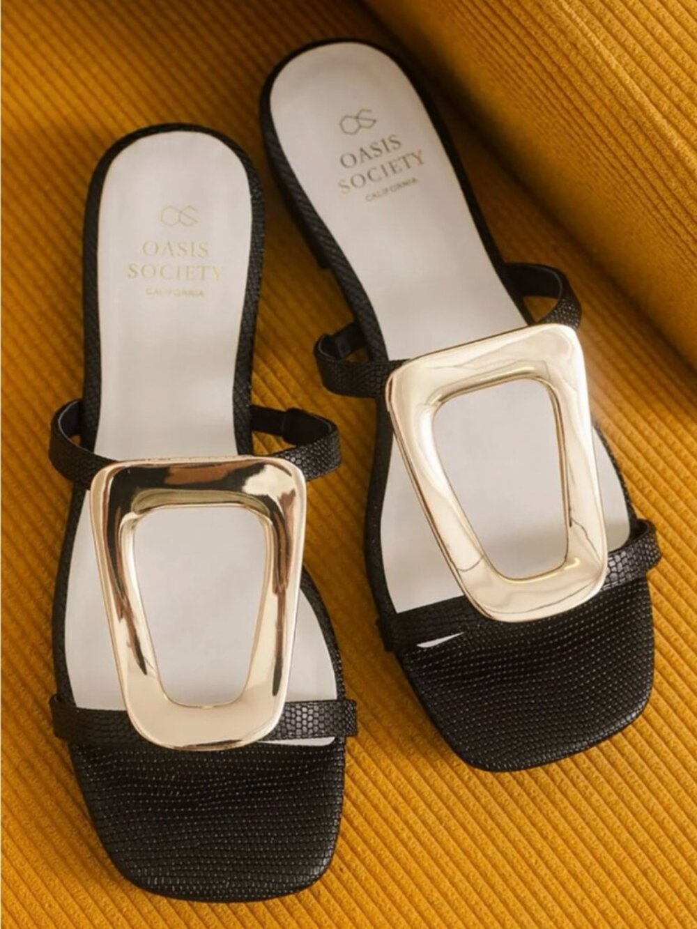 NWT Oasis Society Black Sandal Geometric Gold Hardware Sz 8